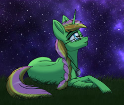 Size: 5216x4429 | Tagged: safe, artist:celestial-rainstorm, imported from derpibooru, oc, oc only, oc:jade dreambubble, pony, unicorn, absurd resolution, female, glasses, lying down, mare, night, prone, solo