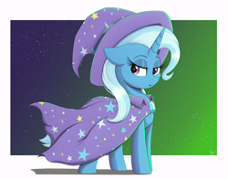 Size: 3816x2994 | Tagged: safe, artist:arcane-thunder, imported from derpibooru, imported from ponybooru, trixie, pony, unicorn, cape, clothes, female, hat, high res, lidded eyes, mare, passepartout, solo, trixie's cape, trixie's hat, white border, wizard hat