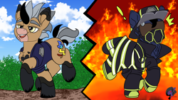 Size: 3840x2160 | Tagged: safe, artist:brainiac, imported from derpibooru, oc, oc only, oc:rio grande, pony, bottomless, clothes, firefighter, male, partial nudity, solo, stallion