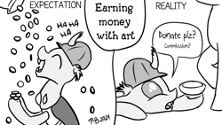 Size: 1200x675 | Tagged: safe, artist:pony-berserker, imported from derpibooru, oc, oc:berzie, unnamed oc, pony, beggar, begging, bits, coin, expectation vs reality, laughing, offscreen character