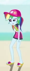 Size: 2048x4850 | Tagged: safe, imported from derpibooru, screencap, rainbow dash, aww... baby turtles, equestria girls, equestria girls series, beach, cropped, female, hat, legs, rainbow dash is best facemaker, rainbow dash's beach shorts swimsuit, sandals, solo, standing