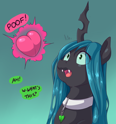 Size: 2049x2201 | Tagged: safe, artist:graphenescloset, artist:sirmasterdufel, imported from derpibooru, queen chrysalis, changeling, changeling queen, series:chrysalis hearts and hooves drive, choker, collaboration, cute, cutealis, eyes on the prize, female, gradient background, green background, heart, incentive drive, open mouth, poof, simple background, solo, speech bubble, surprised, weight gain sequence, wide eyes