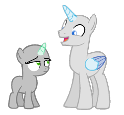 Size: 696x648 | Tagged: safe, artist:ivuiadopts, imported from derpibooru, oc, oc only, alicorn, pony, unicorn, alicorn oc, bald, base, duo, female, filly, frown, horn, male, open mouth, simple background, smiling, stallion, transparent background, two toned wings, unamused, unicorn oc, wings