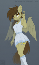 Size: 1829x3000 | Tagged: safe, artist:airfly-pony, imported from derpibooru, oc, oc only, oc:static spark, anthro, pegasus, pony, clothes, dress, female, socks, solo, wings