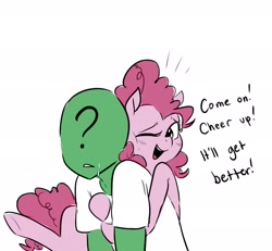 Size: 2214x2048 | Tagged: safe, artist:glacierclear, color edit, edit, editor:datzigga, imported from derpibooru, pinkie pie, oc, oc:anon, earth pony, human, pony, colored, cute, dialogue, diapinkes, hug, hug from behind, motivational, open mouth, reassurance