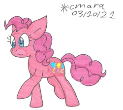 Size: 964x861 | Tagged: safe, artist:cmara, imported from derpibooru, pinkie pie, oc, earth pony, pony, earth pony oc, female, mare, raised hoof, raised leg, simple background, solo, traditional art, white background