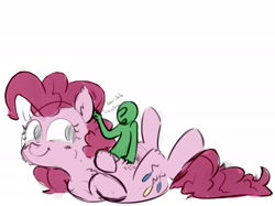 Size: 2732x2048 | Tagged: safe, artist:nobody, color edit, edit, editor:datzigga, imported from derpibooru, pinkie pie, oc, oc:anon, earth pony, human, pony, bellyrubs, colored, cute, diapinkes, ear scratch, giant pony, macro, macro/micro, petting, size difference