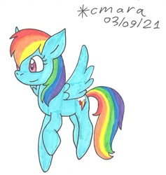 Size: 915x965 | Tagged: safe, artist:cmara, imported from derpibooru, rainbow dash, pegasus, pony, female, flying, mare, simple background, solo, traditional art, white background