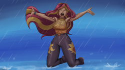 Size: 3920x2205 | Tagged: safe, artist:nire, imported from derpibooru, sunset shimmer, equestria girls, equestria girls series, let it rain, spoiler:eqg series (season 2), armpits, clothes, female, jeans, kneeling, open mouth, pants, rain, see-through, shirt, singing, singing in the rain, sleeveless, solo, solo female, wet clothes, wet shirt