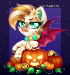 Size: 1110x1182 | Tagged: safe, artist:sickly-sour, imported from derpibooru, oc, oc only, oc:bombay colada, pony, clothes, costume, fake wings, fangs, female, flower, flower in hair, grin, halloween, halloween costume, holiday, jack-o-lantern, jewelry, mare, necklace, pumpkin, smiling, solo