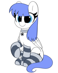 Size: 3888x4928 | Tagged: safe, artist:kittyrosie, imported from derpibooru, part of a set, oc, oc only, oc:snow pup, pegasus, pony, clothes, collar, commission, cute, ocbetes, pet tag, raised hoof, simple background, smiling, socks, solo, striped socks, transparent background, ych result