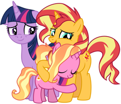 Size: 1024x883 | Tagged: safe, artist:emeraldblast63, imported from derpibooru, luster dawn, sunset shimmer, twilight sparkle, alicorn, pony, unicorn, the last problem, cute, eyes closed, female, filly, filly luster dawn, hug, shimmerbetes, simple background, sisterhood, smiling, transparent background, twilight sparkle (alicorn)