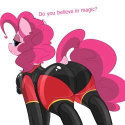 Size: 3000x3000 | Tagged: safe, pinkie pie, earth pony, pony, butt, clothes, dock, looking back, plot, simple background, suit, text, the incredibles, white background