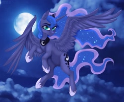 Size: 1676x1380 | Tagged: safe, artist:artistgunya, artist:gunya, imported from derpibooru, princess luna, alicorn, pony, cloud, constellation, ethereal mane, female, flying, full moon, head turned, looking at you, mare, moon, night, solo, spread wings, starry mane, wings