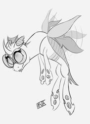 Size: 4000x5500 | Tagged: safe, artist:evan555alpha, imported from ponybooru, oc, oc only, oc:yvette (evan555alpha), changeling, arched back, buzzing wings, changeling oc, closed mouth, cute, dorsal fin, elytra, evan's daily buggo, fangs, female, flying, forked tongue, glasses, head down, looking up, motion lines, ocbetes, ponybooru exclusive, round glasses, signature, simple background, sketch, solo, spread wings, sticking tongue out, tongue out, white background, wide eyes, wings