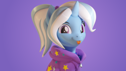 Size: 3840x2160 | Tagged: safe, artist:xppp1n, imported from ponybooru, trixie, pony, unicorn, 3d, :p, alternate hairstyle, babysitter trixie, blender, blender cycles, clothes, female, hoodie, looking at you, mare, simple background, smiling, solo, tongue out