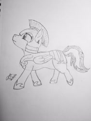 Size: 3024x4032 | Tagged: safe, artist:dmdash71, oc, oc only, pegasus, pony, armor, female, guardsmare, helmet, hoof shoes, mare, pegasus oc, royal guard, signature, solo, traditional art, wings