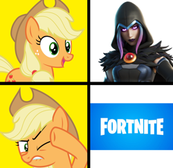 Size: 1300x1266 | Tagged: artist needed, source needed, safe, imported from derpibooru, applejack, raven, earth pony, human, pony, applejack's hat, blonde, blonde mane, blonde tail, clothes, cowboy hat, dc comics, female, fortnite, freckles, hat, hotline bling, mare, meme, one eye closed, open mouth, orange coat, smiling, text