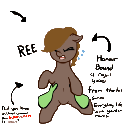 Size: 1088x1099 | Tagged: safe, artist:neuro, edit, imported from ponybooru, oc, oc:anon, oc:honour bound, earth pony, pony, fanfic:everyday life with guardsmares, adorable distress, animated, cute, disembodied hand, female, guardsmare, hand, holding a pony, mare, out of context, reeee, royal guard, simple background, squirming, text, transparent background