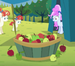 Size: 460x405 | Tagged: safe, screencap, apple bloom, cotton sky, rainberry, rainbow stars, earth pony, pegasus, pony, unicorn, brotherhooves social, angry, animated, apple, female, filly, food, frown, gif, looking at you, reversed, spitting, stare