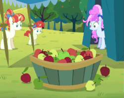 Size: 501x395 | Tagged: safe, imported from ponybooru, screencap, apple bloom, cotton sky, rainberry, rainbow stars, earth pony, pegasus, pony, unicorn, yoshi, brotherhooves social, /mlp/, angry, animated, apple, female, filly, food, frown, gif, looking at you, parody, reversed, spitting, stare, x eyes