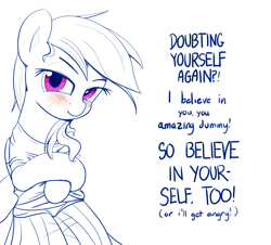 Size: 3000x2708 | Tagged: safe, artist:vultraz, rainbow dash, pegasus, pony, bipedal, blushing, clothes, drawthread, encouragement, female, looking at you, mare, scrunchy face, shirt, simple background, skirt, white background