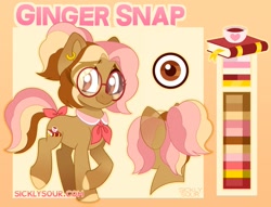 Size: 1439x1098 | Tagged: safe, artist:sickly-sour, imported from derpibooru, oc, oc only, oc:ginger snap, earth pony, pony, bow, ear piercing, earring, female, glasses, jewelry, mare, necktie, piercing, reference sheet, tail bow