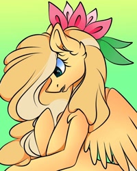 Size: 1080x1350 | Tagged: safe, artist:tessa_key_, imported from derpibooru, oc, oc only, pegasus, pony, ear fluff, eyelashes, female, flower, flower in hair, gradient background, mare, open mouth, pegasus oc, solo, wings