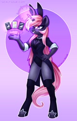 Size: 834x1309 | Tagged: safe, artist:sickly-sour, imported from derpibooru, oc, oc only, anthro, unicorn, bunny suit, card, clothes, female, fishnets, levitation, magic, mare, telekinesis