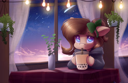 Size: 4250x2750 | Tagged: safe, artist:ardail, imported from derpibooru, oc, oc:mocha latte, boba tea, bow, bubble tea, cafe, clothes, hoodie, lightbulb, plant, plants, window