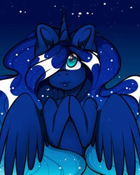 Size: 1080x1350 | Tagged: safe, alternate version, artist:tessa_key_, imported from derpibooru, princess luna, alicorn, pony, bust, colored, ear fluff, ethereal mane, eyelashes, female, hair over one eye, horn, mare, night, solo, starry mane, stars, wings