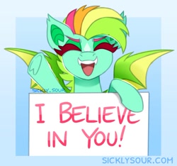 Size: 986x923 | Tagged: safe, artist:sickly-sour, imported from derpibooru, oc, oc only, oc:kokomo, bat pony, pony, fangs, female, mare, motivational, solo, text