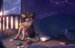 Size: 3400x2200 | Tagged: safe, artist:ardail, imported from derpibooru, imported from ponybooru, oc, oc:mocha latte, anthro, cow, unguligrade anthro, bedroom, cowified, curled up, depressed, earbuds, messy, not mlp related, rain, species swap