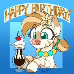 Size: 2000x2000 | Tagged: safe, artist:sickly-sour, imported from derpibooru, imported from ponybooru, oc, oc only, oc:bombay colada, pony, zebra, cherry, female, flower, flower in hair, food, happy birthday, ice cream, jewelry, mare, necklace, tongue out