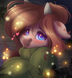 Size: 2200x2382 | Tagged: safe, artist:ardail, imported from derpibooru, oc, oc:mocha latte, cow, firefly (insect), insect, boopable, clothes, cowified, cute, floating heart, heart, messy hair, ponytail, species swap, sweater