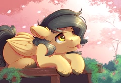 Size: 680x468 | Tagged: safe, artist:ardail, imported from derpibooru, fluffy pony, pegasus, :p, cherry blossoms, flower, flower blossom, fluffy, hoof fluff, tongue out