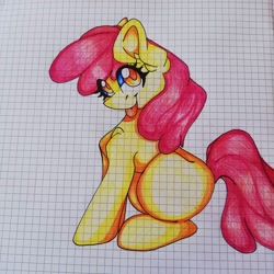 Size: 1080x1080 | Tagged: safe, artist:tessa_key_, imported from derpibooru, apple bloom, earth pony, pony, :p, ear fluff, eyelashes, female, filly, graph paper, sitting, solo, tongue out, traditional art