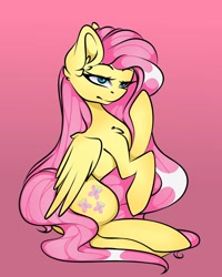 Size: 1080x1350 | Tagged: safe, artist:tessa_key_, imported from derpibooru, fluttershy, pegasus, pony, bedroom eyes, ear fluff, eyelashes, pink background, simple background, sitting, solo, wings