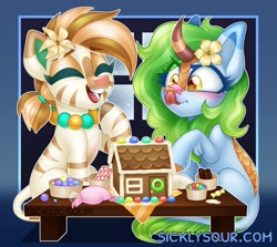 Size: 1086x969 | Tagged: safe, artist:sickly-sour, imported from derpibooru, oc, oc only, oc:bombay colada, kirin, pony, zebra, female, flower, flower in hair, gingerbread house, jewelry, mare, necklace