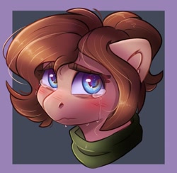 Size: 680x664 | Tagged: safe, artist:ardail, artist:lrusu, imported from derpibooru, oc, oc only, oc:mocha latte, earth pony, pony, clothes, collaboration, crying, scarf, solo, tears of pain