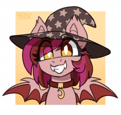 Size: 2024x1913 | Tagged: safe, artist:sickly-sour, imported from derpibooru, oc, oc only, oc:velvet silverwing, bat pony, pony, bust, collar, female, hat, mare, solo, witch hat