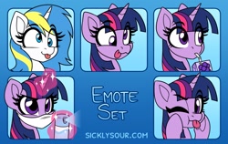 Size: 1443x910 | Tagged: safe, artist:sickly-sour, imported from derpibooru, twilight sparkle, oc, pony, unicorn, :p, cross-eyed, derp, emotes, face mask, juice, juice box, mask, silly, silly pony, tongue out, unicorn twilight