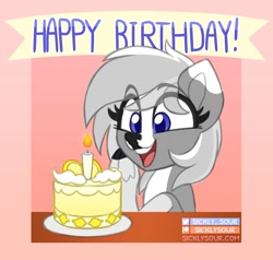 Size: 1156x1100 | Tagged: safe, artist:sickly-sour, imported from derpibooru, oc, oc only, oc:silverlining, pony, cake, candle, female, food, mare, solo, text