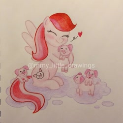 Size: 1079x1079 | Tagged: safe, artist:mmy_little_drawings, imported from derpibooru, oc, oc only, pegasus, pig, pony, blushing, eyelashes, eyes closed, female, heart, hug, mare, pegasus oc, piglet, smiling, traditional art, watermark, wings