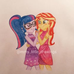 Size: 1080x1080 | Tagged: safe, artist:mmy_little_drawings, imported from derpibooru, sci-twi, sunset shimmer, twilight sparkle, equestria girls, equestria girls series, spring breakdown, spoiler:eqg series (season 2), blushing, clothes, dancing, dress, eyelashes, female, glasses, grin, holding hands, lesbian, scitwishimmer, shipping, sleeveless, smiling, sunsetsparkle, traditional art, watermark