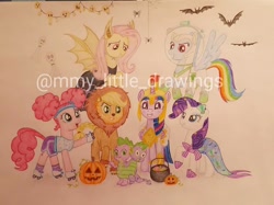 Size: 1078x808 | Tagged: safe, artist:mmy_little_drawings, imported from derpibooru, applejack, fluttershy, pinkie pie, rainbow dash, rarity, spike, twilight sparkle, alicorn, bat, big cat, dragon, earth pony, lion, mermaid, pegasus, pony, unicorn, animal costume, applelion, armor, astrodash, athena sparkle, clothes, costume, eyelashes, female, flutterbat costume, flying, freckles, grin, halloween, helmet, holiday, jack-o-lantern, male, mane seven, mane six, mare, mermaid tail, mermarity, multiple heads, obtrusive watermark, pigtails, pinkie puffs, pumpkin, smiling, traditional art, twilight sparkle (alicorn), two heads, two-headed dragon, watermark