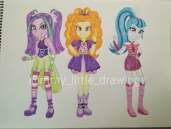 Size: 1080x812 | Tagged: safe, artist:mmy_little_drawings, imported from derpibooru, adagio dazzle, aria blaze, sonata dusk, equestria girls, rainbow rocks, bare shoulders, boots, clothes, evil grin, eyelashes, female, fingerless gloves, gloves, grin, hand on hip, high heel boots, high heels, shoes, skirt, sleeveless, smiling, the dazzlings, traditional art, watermark