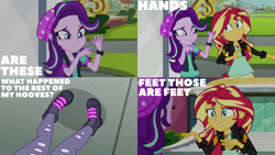 Size: 1280x720 | Tagged: safe, edit, edited screencap, editor:quoterific, imported from derpibooru, screencap, starlight glimmer, sunset shimmer, equestria girls, mirror magic, spoiler:eqg specials, canterlot high, clothes, duo, duo female, female, geode of empathy, hat, jewelry, magical geodes, necklace, shoes, statue