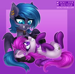 Size: 980x957 | Tagged: safe, artist:sickly-sour, imported from derpibooru, oc, oc only, oc:belfry towers, oc:violet moonflower, bat pony, pony, clothes, eyeshadow, fangs, female, makeup, mare, socks