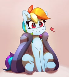 Size: 1816x1996 | Tagged: safe, artist:pabbley, imported from derpibooru, rainbow dash, pegasus, pony, blanket, c:, cute, daaaaaaaaaaaw, dashabetes, ear fluff, female, heart, mare, partially open wings, simple background, sitting, smiling, solo, wings